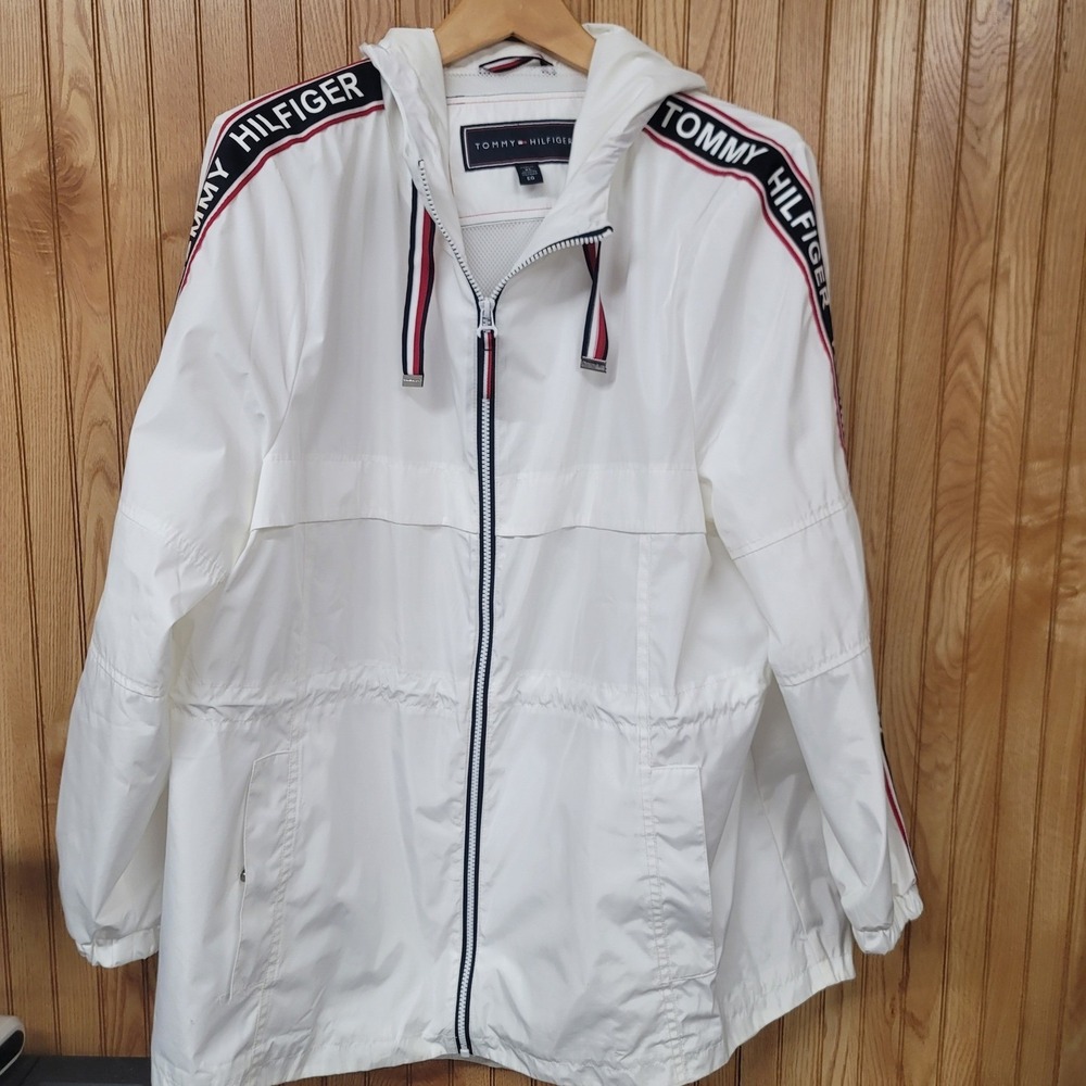 90s Style Tommy Hilfiger Womens White Logo Tape Windbreaker Hooded XL Sporty